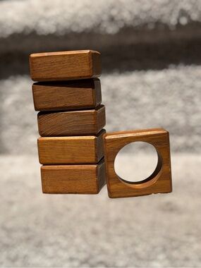Vintage Teak Style Wood Napkin Rings Set of 6 MCM Danish Modern Geometric Decor